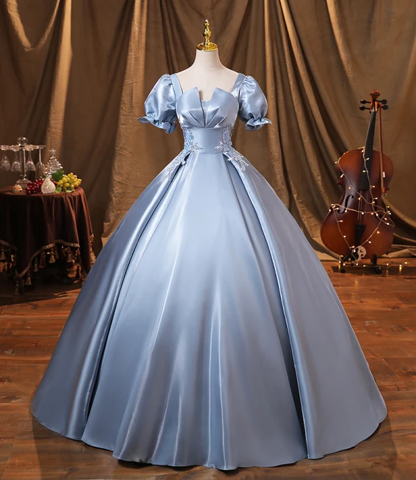 Vintage / Retro Sky Blue Satin Prom Dresses 2022 Ball Gown Square Neckline Puffy Short Sleeve Backless Floor-Length / Long Formal Dresses