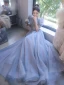 Chic / Belle Bleu Ciel Glitter Robe De Bal 2022 Princesse Encolure Carrée Paillettes Gonflée Manches Courtes Dos Nu Longue Robe De Ceremonie