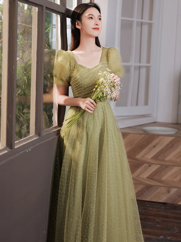 Chic / Belle Vert Trèfle Robe De Bal 2022 Princesse Encolure Carrée Perlage Paillettes Manches Courtes Dos Nu Longue Robe De Ceremonie