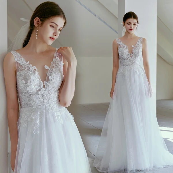 Light White Beading Lace Flower Beach Wedding Dresses 2022 A-Line / Princess V-Neck Sleeveless Backless Floor-Length / Long Wedding