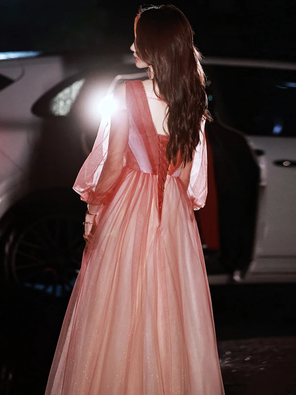 Charmant Rouge En Dentelle Papillon Robe De Bal 2022 Princesse Faux Diamant V-Cou Manches Longues Dos Nu Longue Robe De Ceremonie