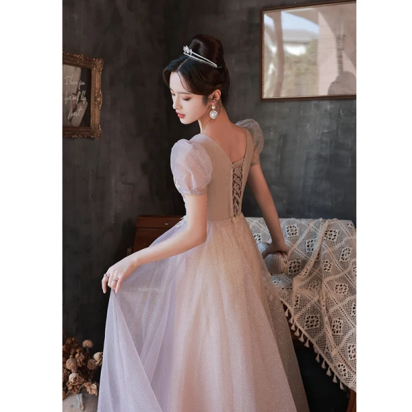Scintillantes Rougissant Rose Robe De Bal 2022 Princesse Encolure Carrée Perlage Paillettes En Dentelle Fleur Manches Courtes Dos Nu Longue Robe De Ceremonie
