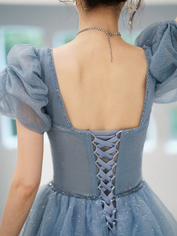 Chic / Beautiful Sky Blue Glitter Sequins Prom Dresses 2022 A-Line / Princess Square Neckline Rhinestone Puffy Short Sleeve Backless Floor-Length / Long Formal Dresses