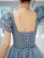 Chic / Beautiful Sky Blue Glitter Sequins Prom Dresses 2022 A-Line / Princess Square Neckline Rhinestone Puffy Short Sleeve Backless Floor-Length / Long Formal Dresses