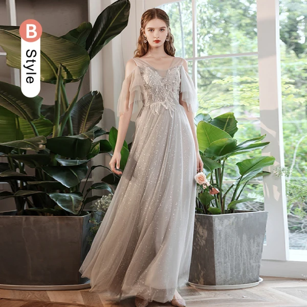 Chic / Beautiful Grey Beading Lace Flower Bridesmaid Dresses 2022 A-Line / Princess Rhinestone Sequins Short Sleeve Backless Floor-Length / Long Wedding Bridesmaid Dresses