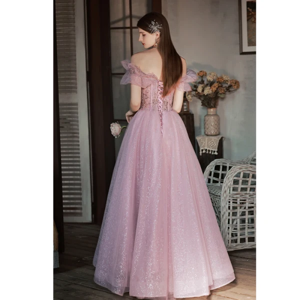 Charmant Rougissant Rose Robe De Bal 2022 Princesse De l'épaule Manches Courtes Dos Nu Perlage Faux Diamant Paillettes Longue Robe De Ceremonie