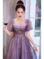 Chic / Beautiful Lilac Glitter Prom Dresses 2022 A-Line / Princess Square Neckline Puffy Short Sleeve Backless Floor-Length / Long Formal Dresses