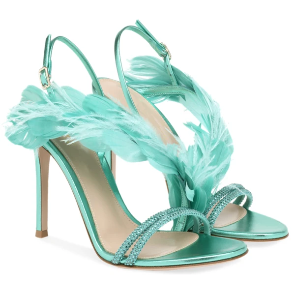 Sexy Champagne Prom Cocktail Party Womens Sandals 2022 Leather Feather Rhinestone 9 cm Stiletto Heels Open / Peep Toe Womens Sandals High Heels