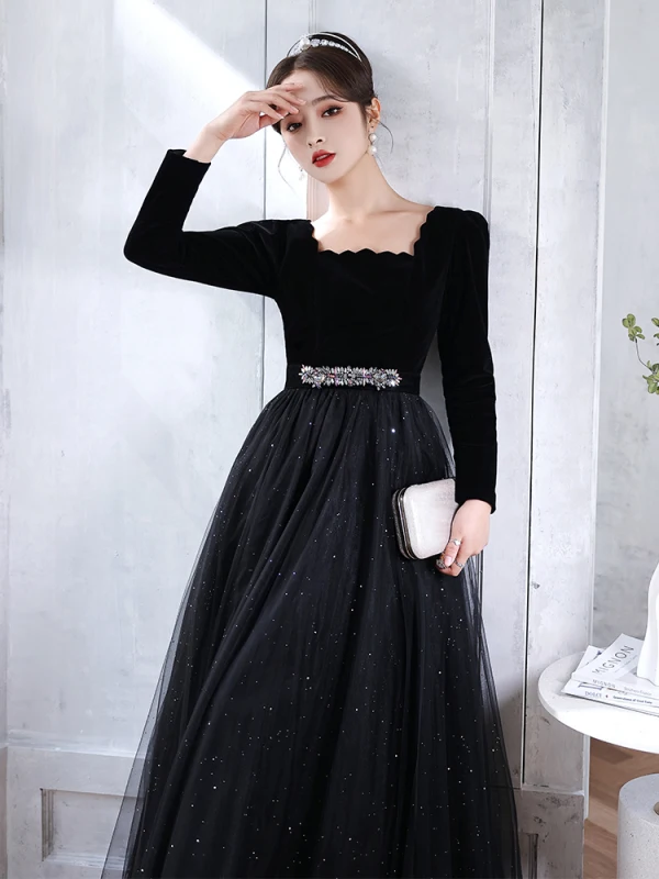 Fashion Black Rhinestone Prom Dresses 2022 A-Line / Princess Square Neckline Long Sleeve Backless Floor-Length / Long Formal Dresses