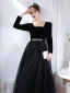 Fashion Black Rhinestone Prom Dresses 2022 A-Line / Princess Square Neckline Long Sleeve Backless Floor-Length / Long Formal Dresses