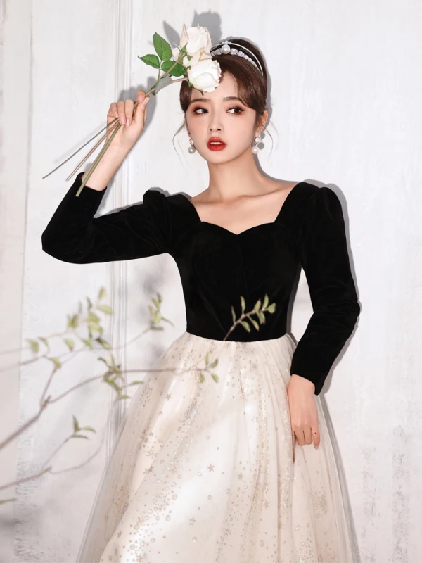 Fashion Black Prom Dresses 2022 A-Line / Princess Square Neckline Star Sequins 3/4 Sleeve Backless Floor-Length / Long Formal Dresses