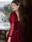 Elegant Burgundy Prom Dresses 2022 A-Line / Princess Pearl Square Neckline Long Sleeve Backless Bow Floor-Length / Long Formal Dresses