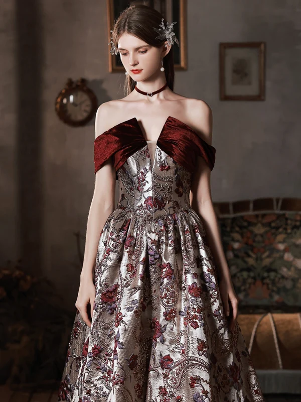 Vintage / Retro Burgundy Lace Flower Prom Dresses 2022 A-Line / Princess Off-The-Shoulder Short Sleeve Backless Floor-Length / Long Formal Dresses
