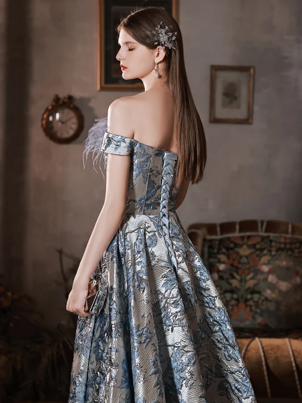 Charming Sky Blue Glitter Prom Dresses 2022 A-Line / Princess Tassel Off-The-Shoulder Rhinestone Sequins Short Sleeve Backless Floor-Length / Long Formal Dresses