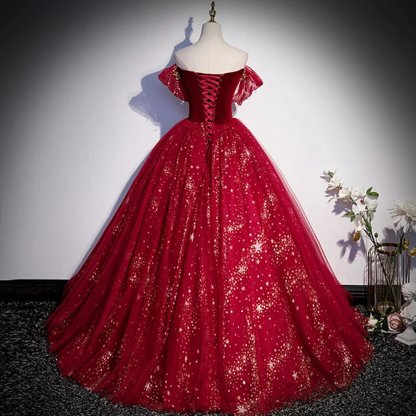 Mode Burgunderrot Ballkleider 2022 Ballkleid Kurze Ärmel Rückenfreies Off Shoulder Perlenstickerei Perle Pailletten Lange Festliche Kleider