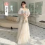 Fashion Daffodil Beading Sequins Lace Flower Bridesmaid Dresses 2022 A-Line / Princess Sash Short Sleeve Backless Floor-Length / Long Bridesmaid Dresses