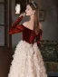 Luxury / Gorgeous Burgundy Suede Ruffle Prom Dresses 2022 A-Line / Princess Off-The-Shoulder Lace Flower Appliques Long Sleeve Backless Floor-Length / Long Prom Formal Dresses