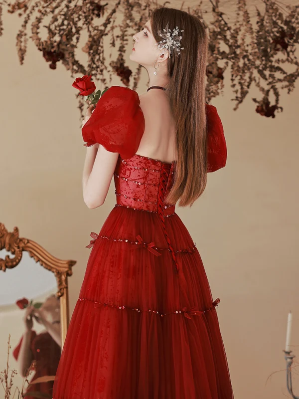 Fashion Burgundy Sequins Prom Dresses 2022 A-Line / Princess Square Neckline Puffy Short Sleeve Backless Bow Floor-Length / Long Formal Dresses