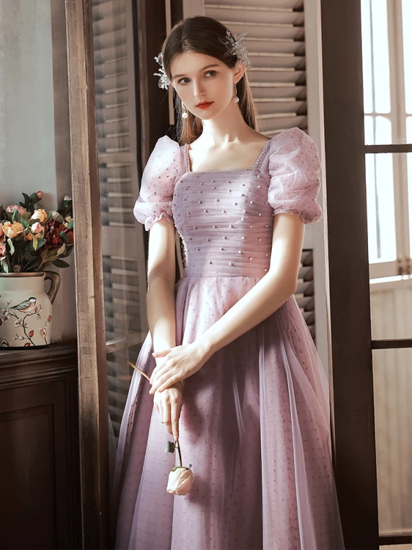 Chic / Belle Rougissant Rose Tachetée Robe De Bal 2022 Princesse Encolure Carrée Perle Manches Courtes Dos Nu Longue Robe De Ceremonie