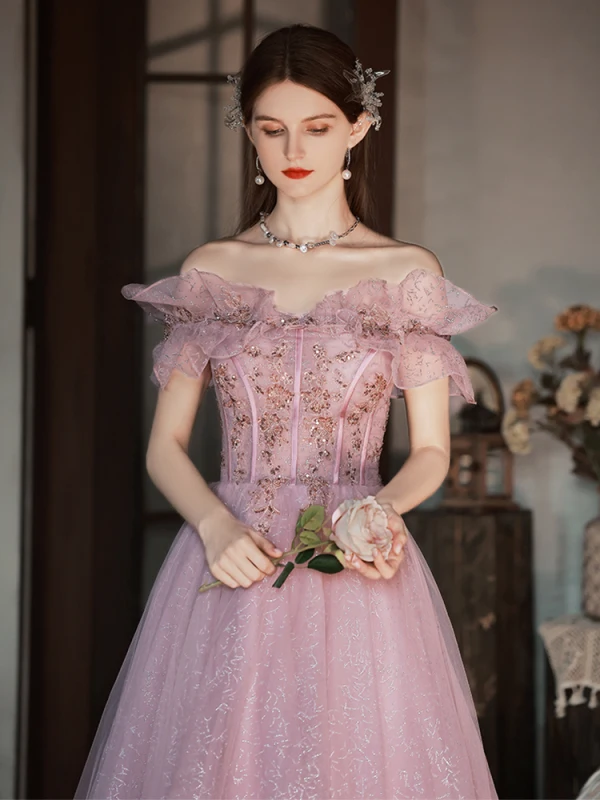 Charmant Rougissant Rose Robe De Bal 2022 Princesse Volants De l'épaule Glitter Perlage Paillettes Faux Diamant Manches Courtes Dos Nu Longue Robe De Ceremonie