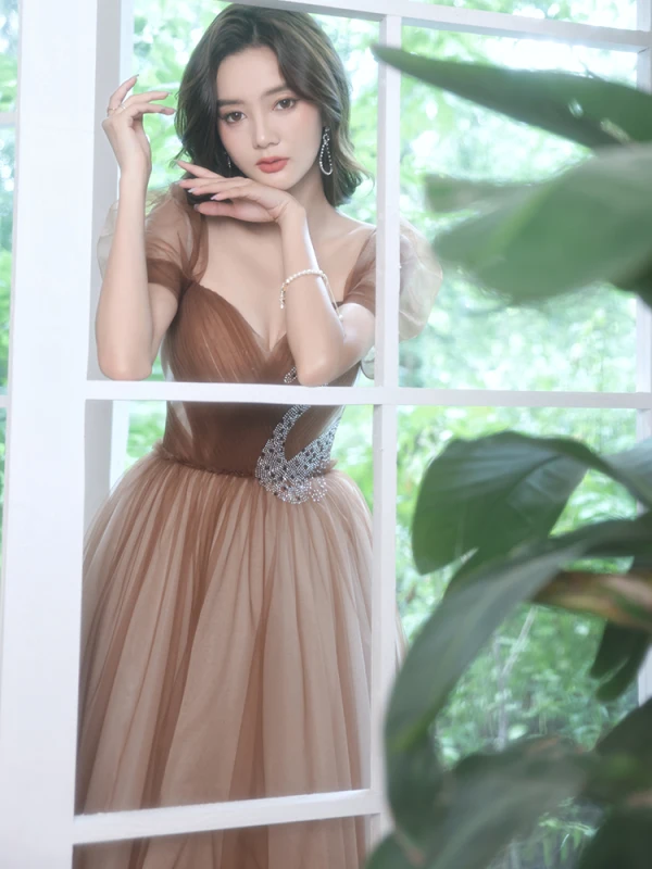 Chic / Beautiful Brown Prom Dresses 2022 A-Line / Princess Square Neckline Puffy Short Sleeve Rhinestone Backless Floor-Length / Long Formal Dresses