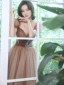 Chic / Beautiful Brown Prom Dresses 2022 A-Line / Princess Square Neckline Puffy Short Sleeve Rhinestone Backless Floor-Length / Long Formal Dresses