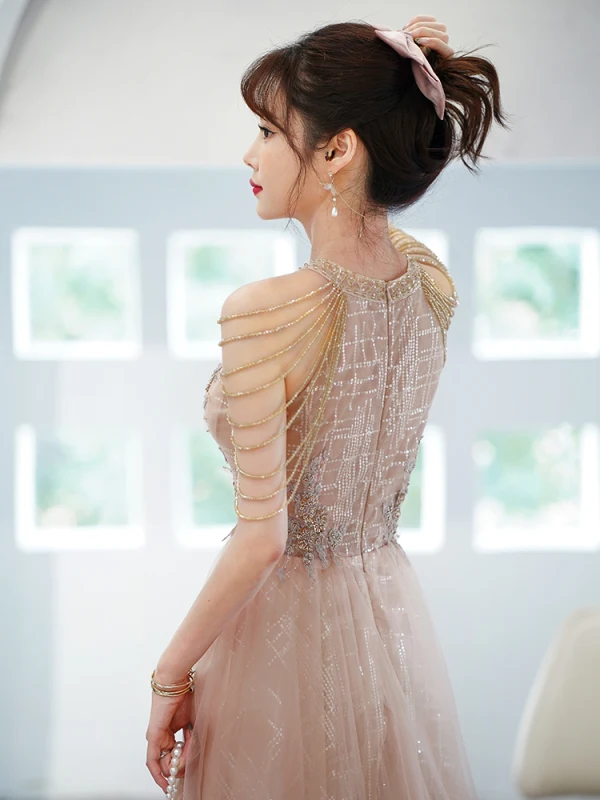 Charming Champagne Prom Dresses 2022 A-Line / Princess Scoop Neck Lace Sequins Beading Flower Sleeveless Floor-Length / Long Formal Dresses