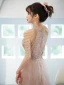 Charming Champagne Prom Dresses 2022 A-Line / Princess Scoop Neck Lace Sequins Beading Flower Sleeveless Floor-Length / Long Formal Dresses