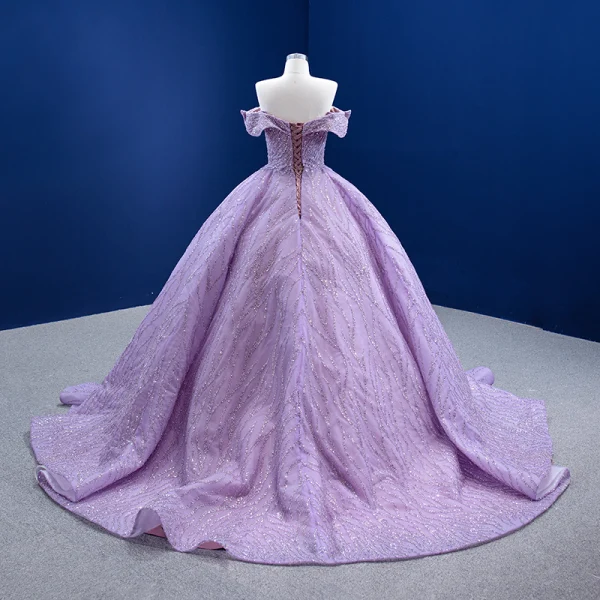 Luxury / Gorgeous High-end Lilac Prom Dresses 2022 Off-The-Shoulder Handmade  Beading Sequins Short Sleeve Backless Floor-Length / Long Formal Dresses