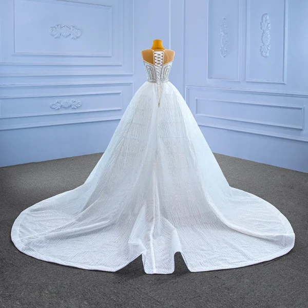 Luxury / Gorgeous White Wedding Dresses 2022 Trumpet / Mermaid Scoop Neck Sleeveless Backless Beading Pearl Rhinestone Cathedral Train Wedding