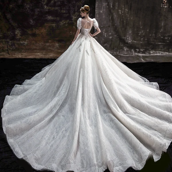 Luxury / Gorgeous White Beading Rhinestone Sequins Lace Flower Wedding Dresses 2022 Ball Gown Scoop Neck Short Sleeve Backless Royal Train Wedding