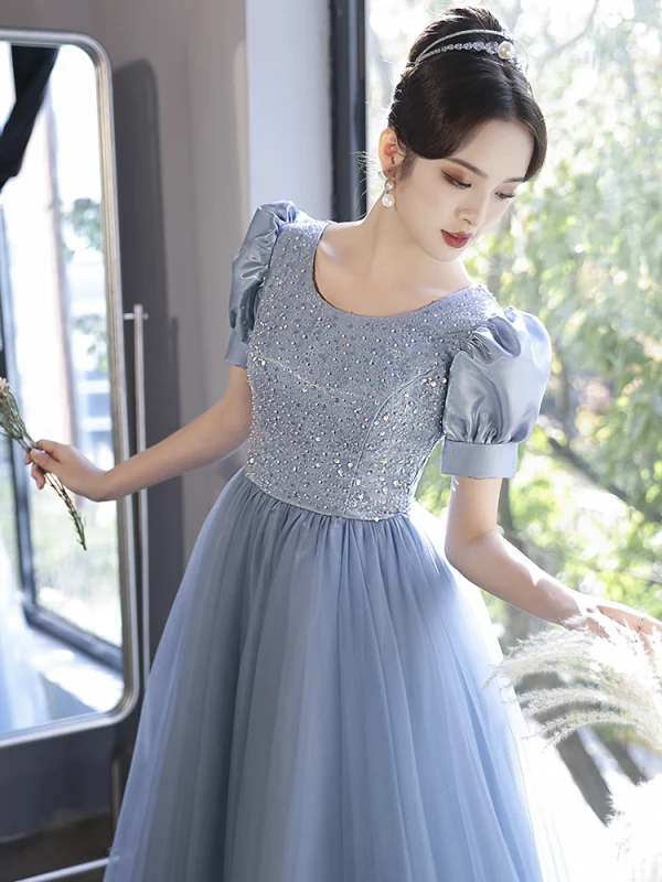 Elegant Sky Blue Beading Sequins Prom Dresses 2022 A-Line / Princess Scoop Neck Short Sleeve Floor-Length / Long Formal Dresses