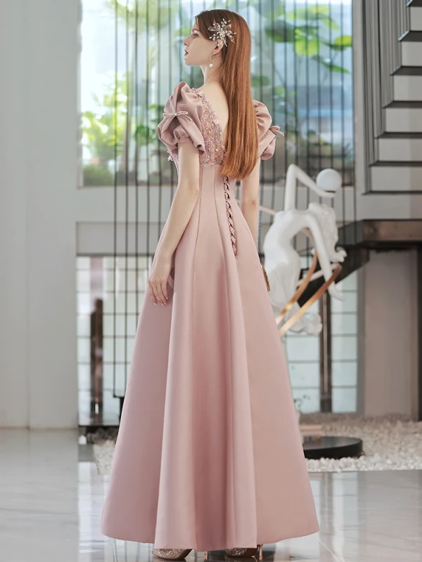 Elegant Blushing Pink Satin Prom Dresses 2022 A-Line / Princess V-Neck Beading Pearl Rhinestone Appliques Puffy Short Sleeve Bow Backless Floor-Length / Long Formal Dresses