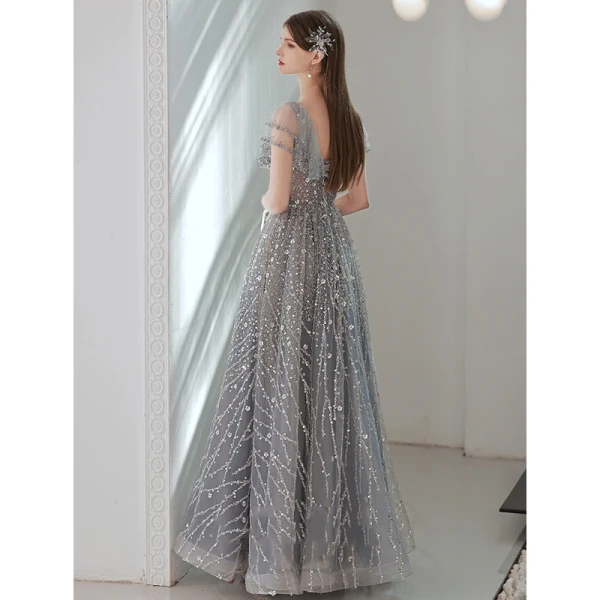 Charming Luxury / Gorgeous Grey Glitter Evening Dresses 2022 A-Line / Princess V-Neck Sequins Rhinestone Short Sleeve Backless Floor-Length / Long Evening Party Formal Dresses