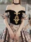 Vintage / Retro Black Printing Prom Dresses 2022 Ball Gown Off-The-Shoulder Short Sleeve Backless Court Train Prom Formal Dresses