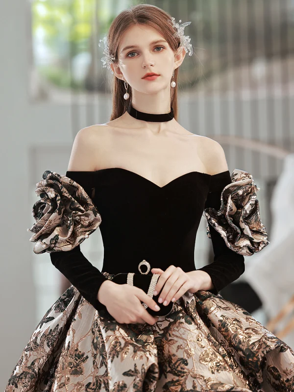 Vintage / Retro Black Printing Prom Dresses 2022 Ball Gown Off-The-Shoulder 3/4 Sleeve Backless Court Train Formal Dresses