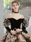 Vintage / Retro Black Printing Prom Dresses 2022 Ball Gown Off-The-Shoulder 3/4 Sleeve Backless Court Train Formal Dresses