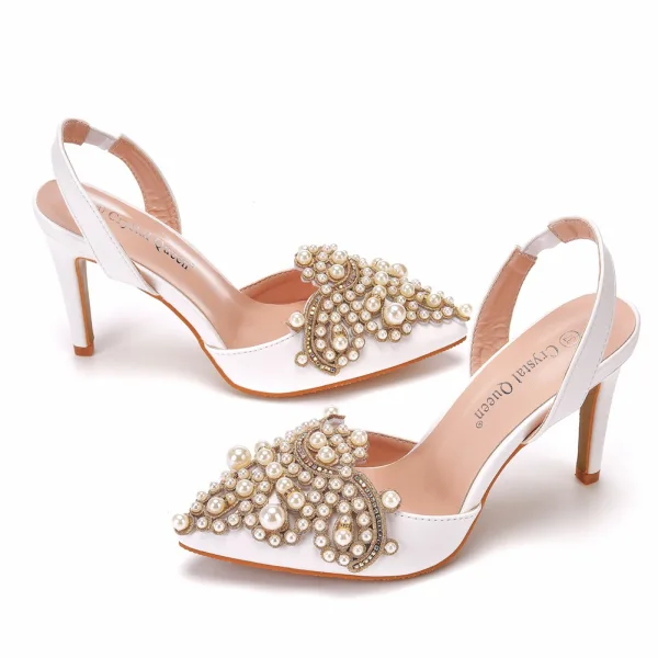 Charmant Blanche Perle Faux Diamant Chaussure De Mariée 2022 9 cm Talons Aiguilles À Bout Pointu Mariage Talons Hauts