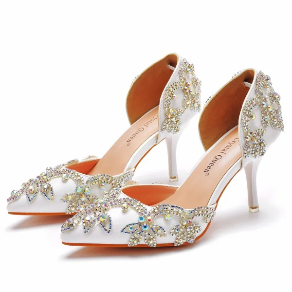 Charming White Rhinestone Wedding Shoes 2022 8 cm Stiletto Heels Pointed Toe Wedding High Heels