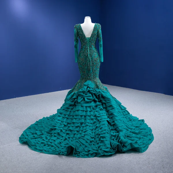 Vintage / Retro High-end Dark Green Cascading Ruffles Prom Dresses 2022 Trumpet / Mermaid V-Neck Beading Pearl Lace Flower Long Sleeve Backless Floor-Length / Long