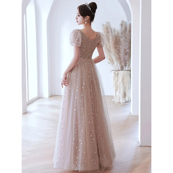 Mode Rougissant Rose Paillettes Robe De Bal 2022 Princesse Encolure Carrée Manches Courtes Dos Nu Longue Robe De Ceremonie
