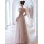 Mode Rougissant Rose Paillettes Robe De Bal 2022 Princesse Encolure Carrée Manches Courtes Dos Nu Longue Robe De Ceremonie