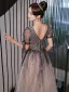 Charmant Océan Bleu Dégradé De Couleur Robe De Bal 2022 Princesse V-Cou Paillettes Noeud Manches Courtes Dos Nu Longue Robe De Ceremonie