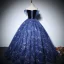 Chic / Beautiful Navy Blue Prom Dresses 2022 Ball Gown Off-The-Shoulder Beading Star Sequins Short Sleeve Backless Floor-Length / Long Formal Dresses