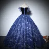 Chic / Beautiful Navy Blue Prom Dresses 2022 Ball Gown Off-The-Shoulder Beading Star Sequins Short Sleeve Backless Floor-Length / Long Formal Dresses