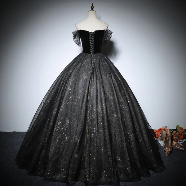 Elegant Black Prom Dresses 2022 Ball Gown Off-The-Shoulder Short Sleeve Backless Beading Sequins Floor-Length / Long Formal Dresses
