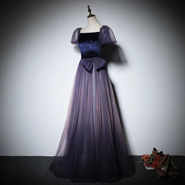 Elegant Purple Prom Dresses 2022 A-Line / Princess Square Neckline Puffy Short Sleeve Backless Bow Floor-Length / Long Formal Dresses