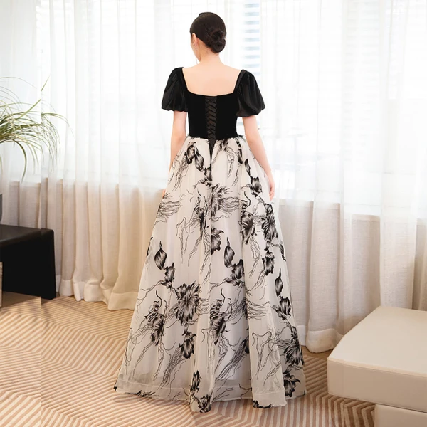 Élégant Noire Robe De Bal 2023 Princesse Faux Diamant Encolure Carrée Manches Courtes Dos Nu Longue Promo Robe De Ceremonie