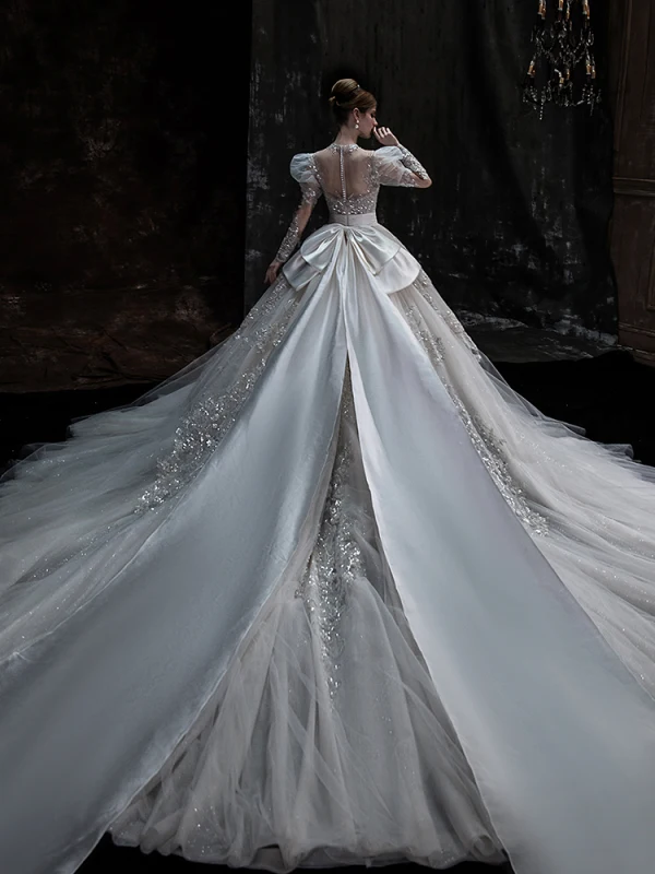 Luxury / Gorgeous Glitter Sequins Beading Pearl Lace Flower Ivory Wedding Dresses 2022 Ball Gown Scoop Neck Puffy Short Sleeve Sash Satin Bow Royal Train Wedding