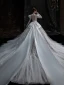 Luxury / Gorgeous Glitter Sequins Beading Pearl Lace Flower Ivory Wedding Dresses 2022 Ball Gown Scoop Neck Puffy Short Sleeve Sash Satin Bow Royal Train Wedding